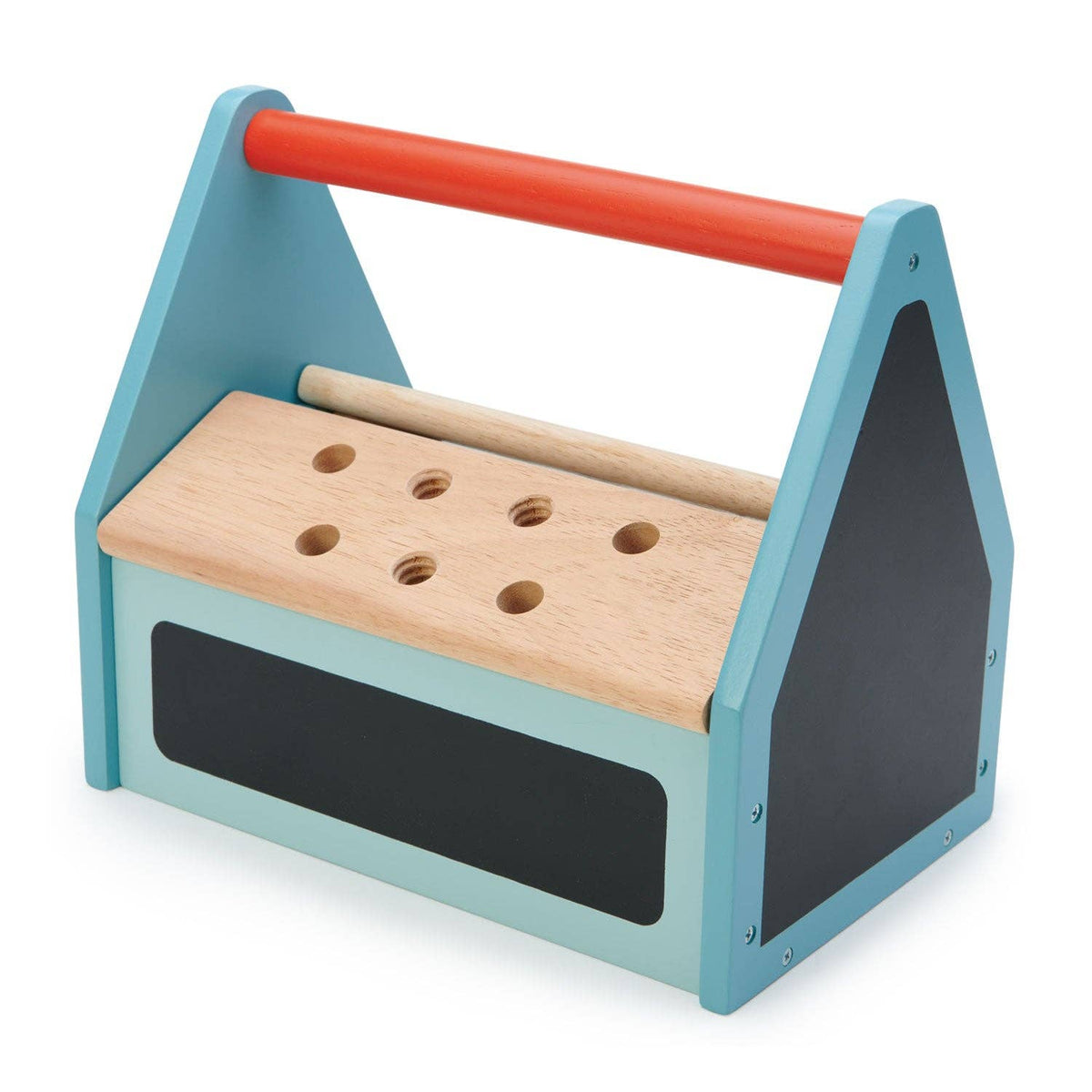 Children's tool bench with blue frame, wooden top, and red handle on a white background