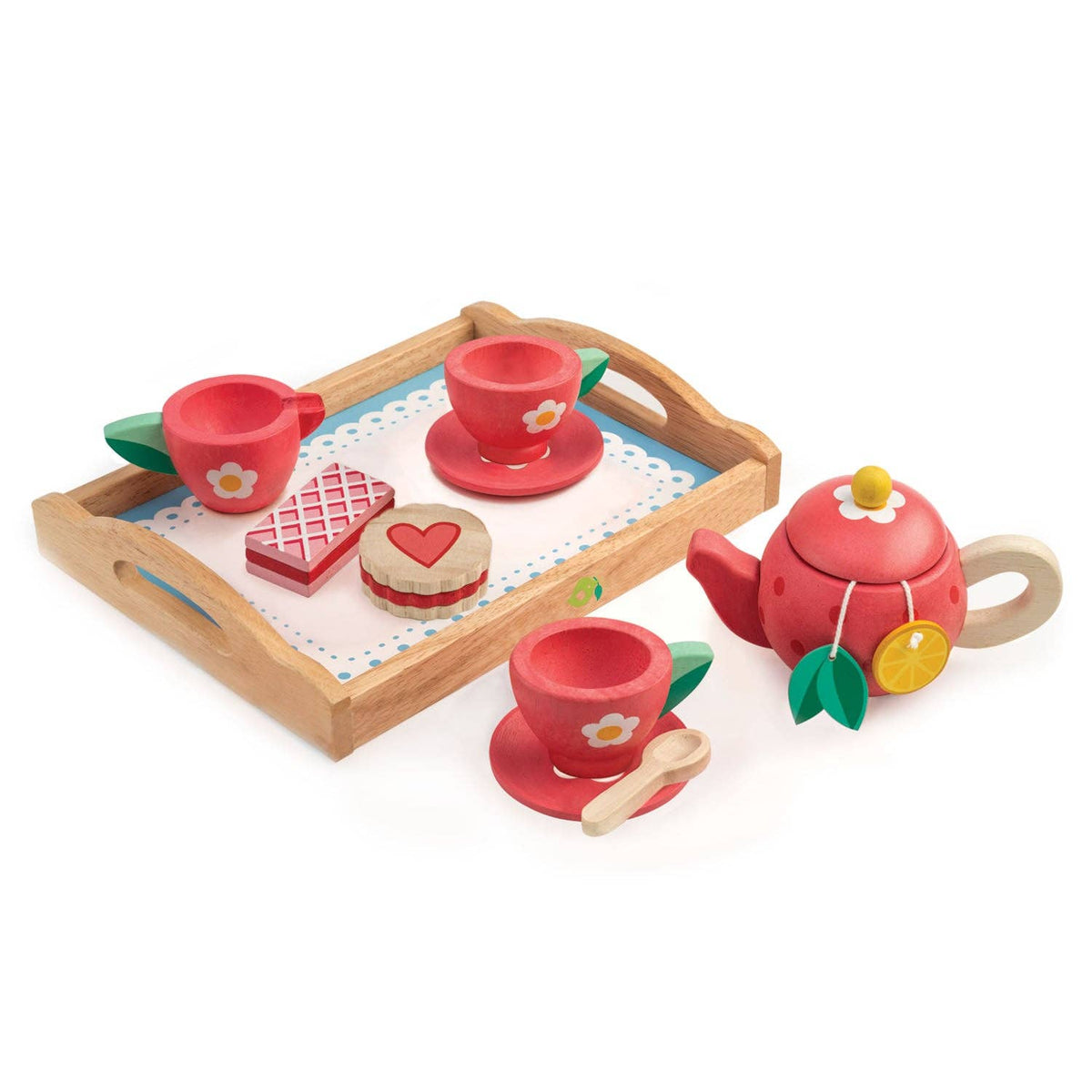 Children's toy tea set with red teacups, cookies, and a teapot on a wooden tray.