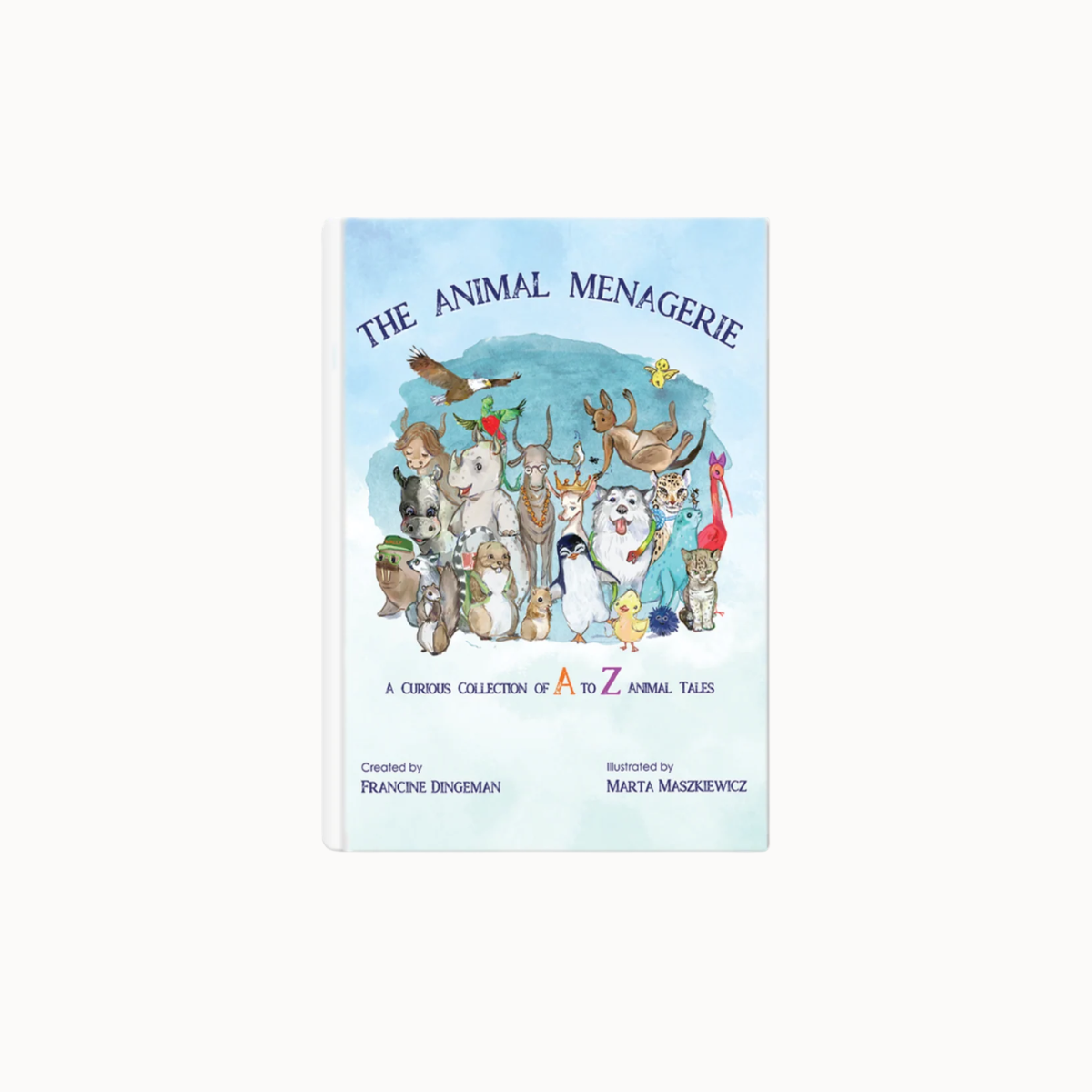 The Animal Menagerie children's book cover featuring a colorful illustration of various animals under a light blue sky, shown against a plain off-white background.