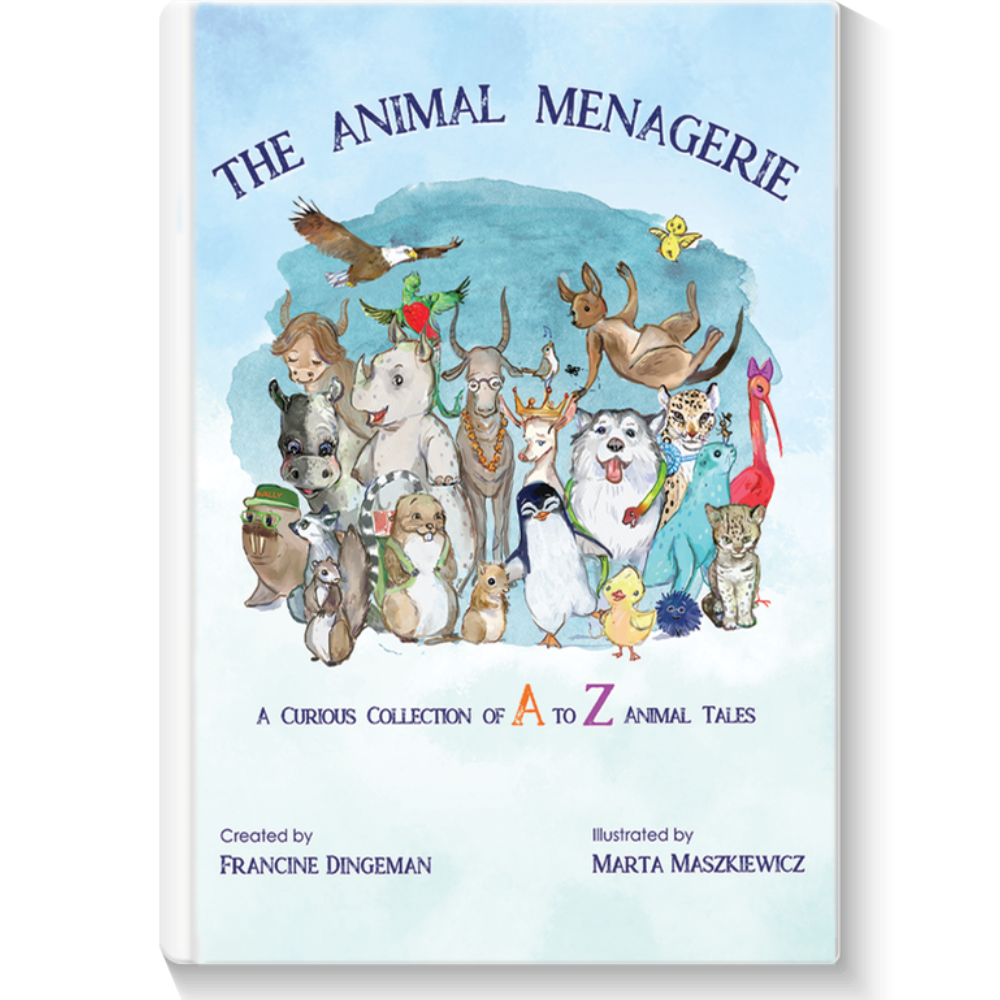 The Animal Menagerie children's book cover shown upright against a plain white background. The cover features a light blue background with a central illustration of many animals gathered together, and the title 'THE ANIMAL MENAGERIE' at the top.