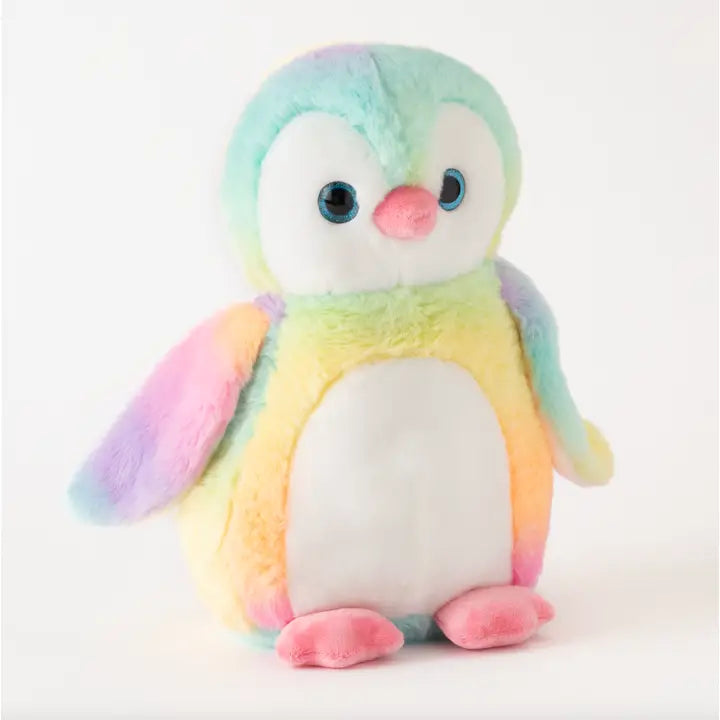 Stuffed penguin toy with a rainbow gradient on a white background