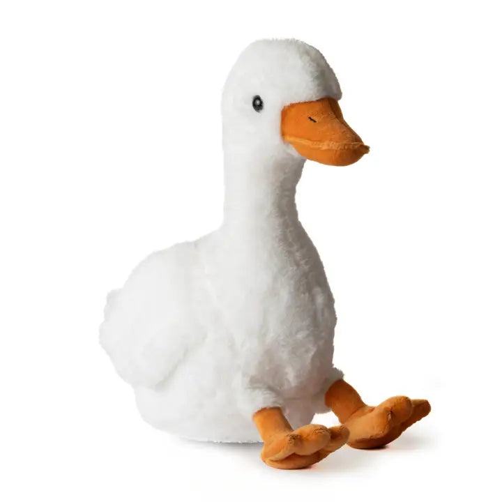 Plush toy duck with white body and orange feet and beak on a white background