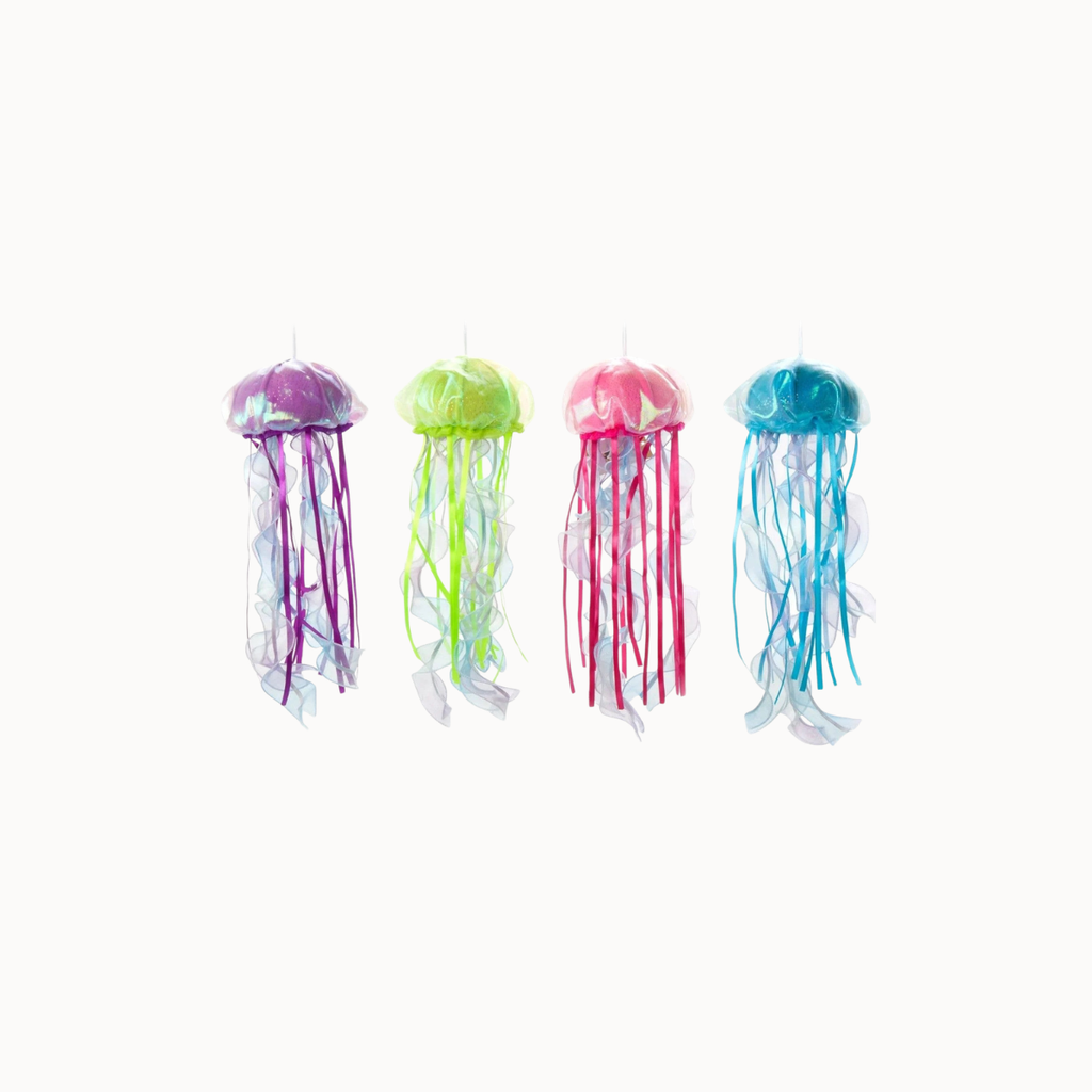 Four jellyfish-shaped hanging decorations in purple, lime green, pink, and blue, arranged in a row against a plain off-white background.