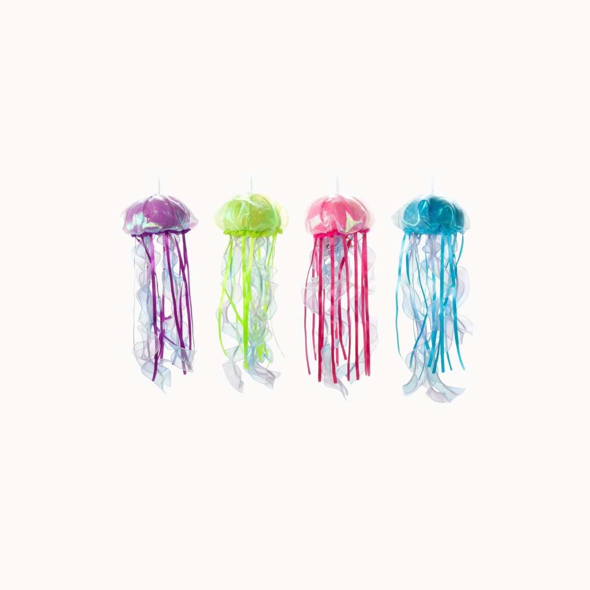 Four jellyfish-shaped hanging decorations in purple, lime green, pink, and blue, arranged in a row against a plain off-white background.