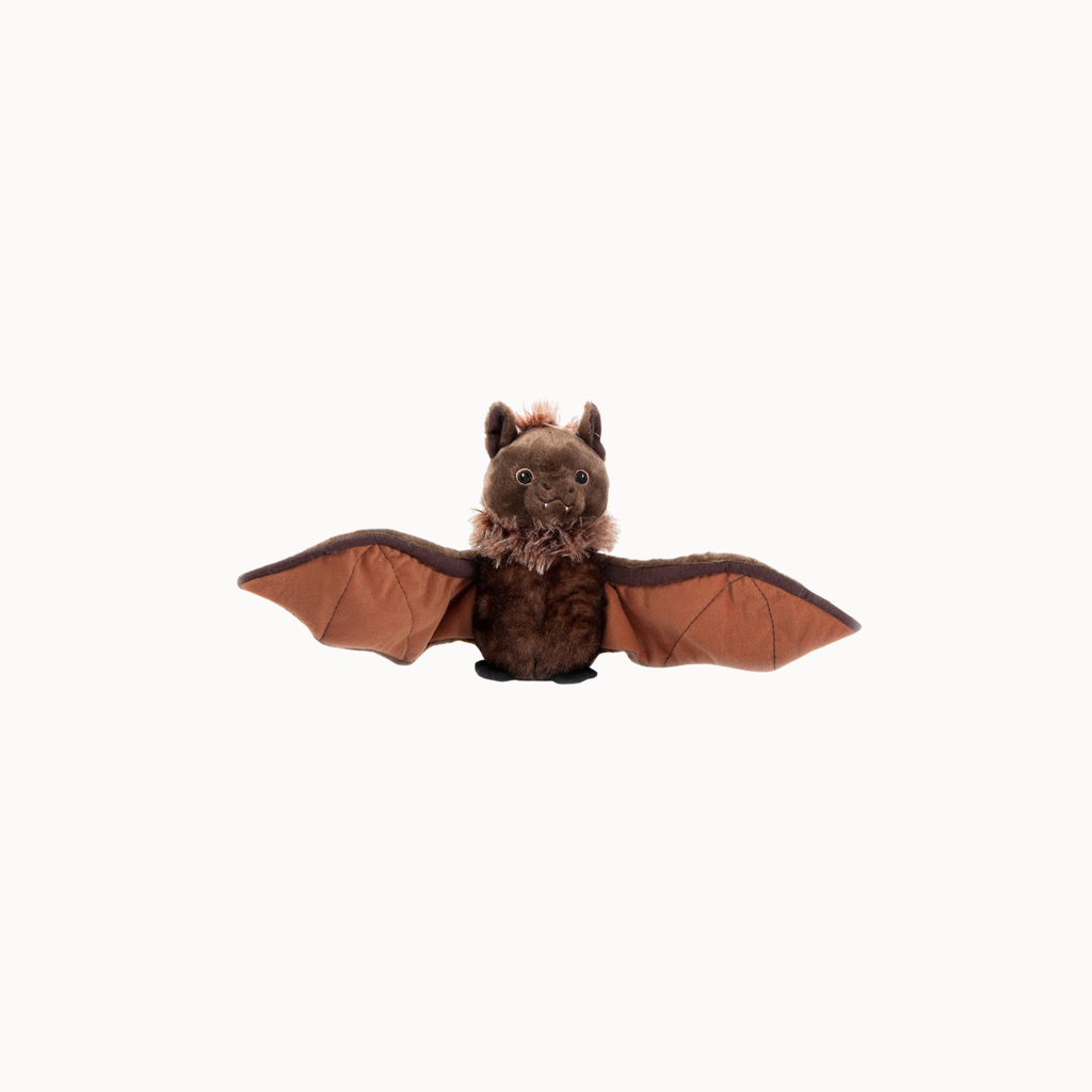 A plush bat toy with brown fur and spread wings, centered on a plain white background.