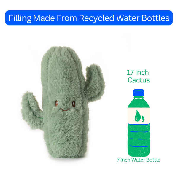 Plush cactus toy with a water bottle illustration, indicating recycled water bottle filling.