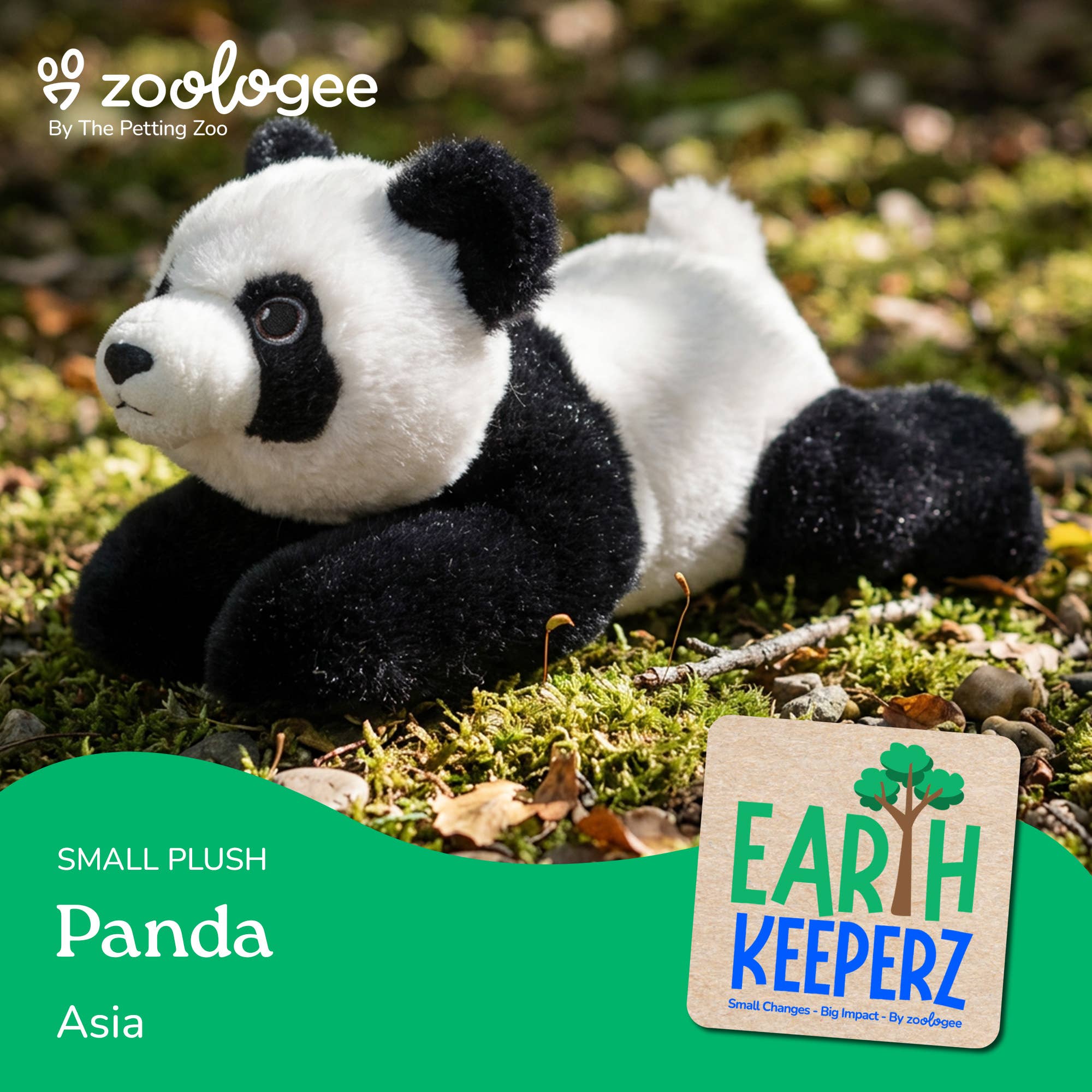 A small plush panda toy lying on moss and leaves outdoors. The image includes the Zoologoo logo at top left and a green banner at bottom left reading 'Small Plush Panda Asia,' with an Earth Keeper badge at bottom right.