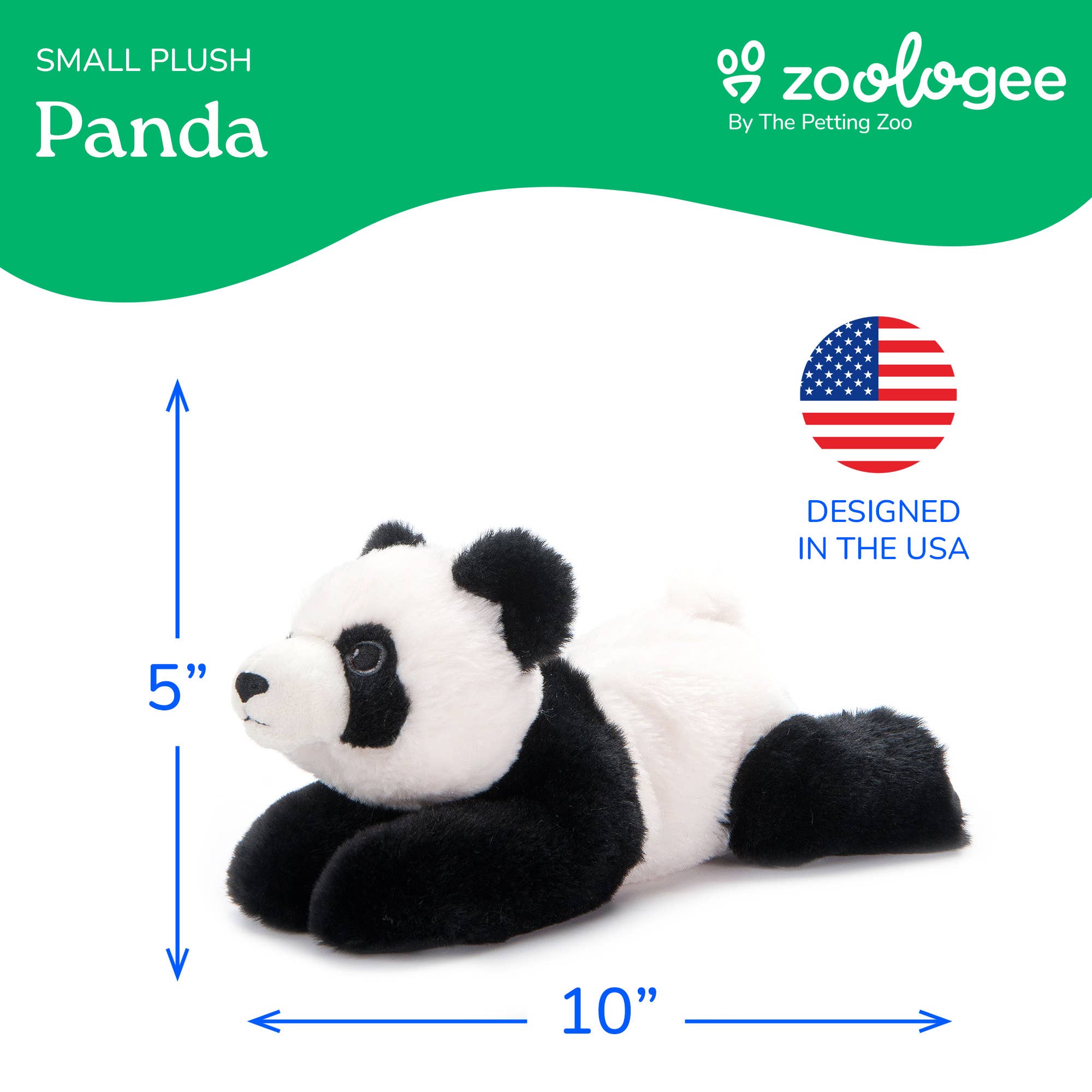 A small plush panda toy shown on a white background with blue dimension arrows indicating 5 inches tall by 10 inches wide. The image includes a green header with the text 'SMALL PLUSH Panda' and the Zoologee logo, plus a 'Designed in the USA' flag icon.