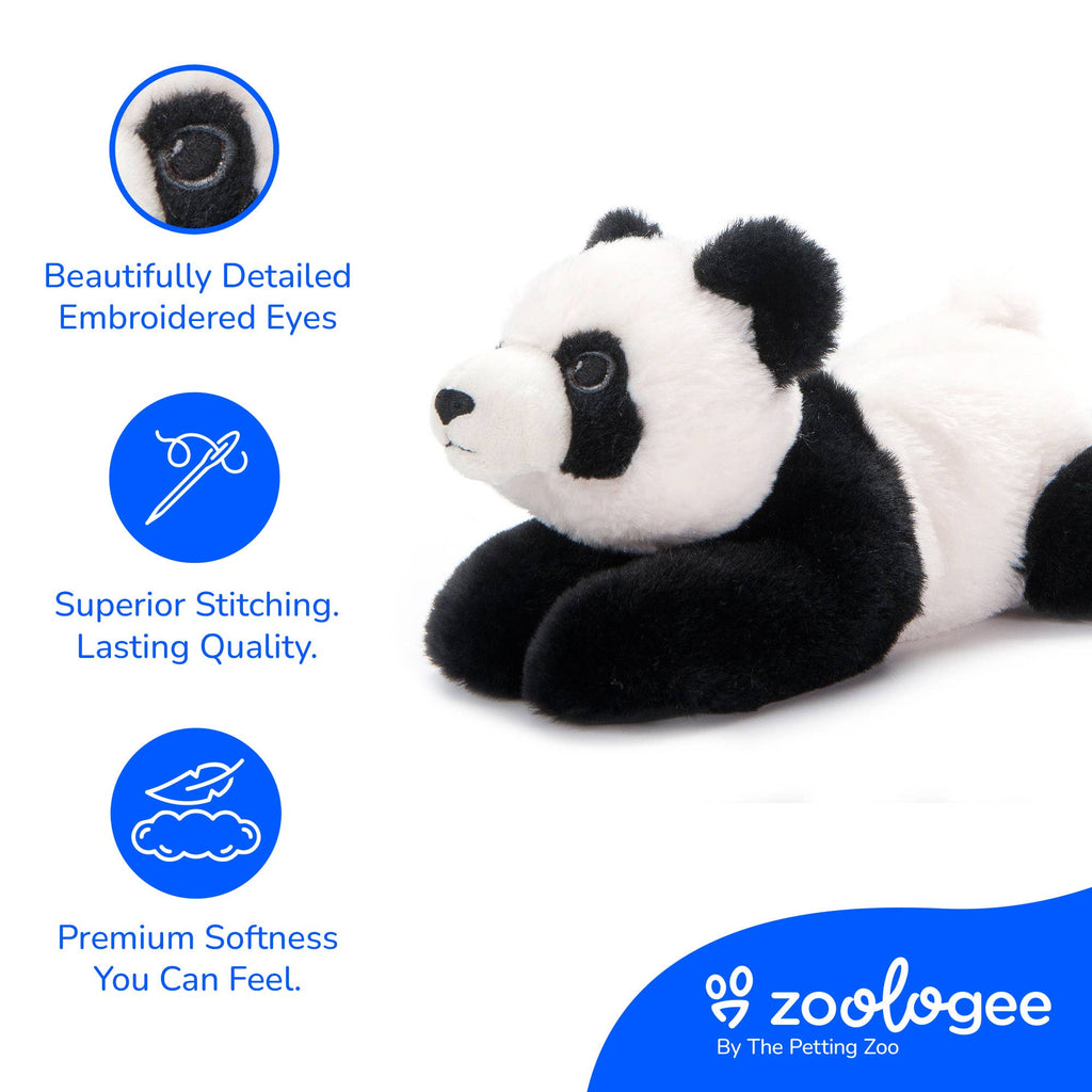 A plush panda toy lying down on a white background, with three blue circular feature callouts on the left highlighting embroidered eyes, stitching quality, and softness. The Zoologee logo appears in a blue banner at the bottom right.