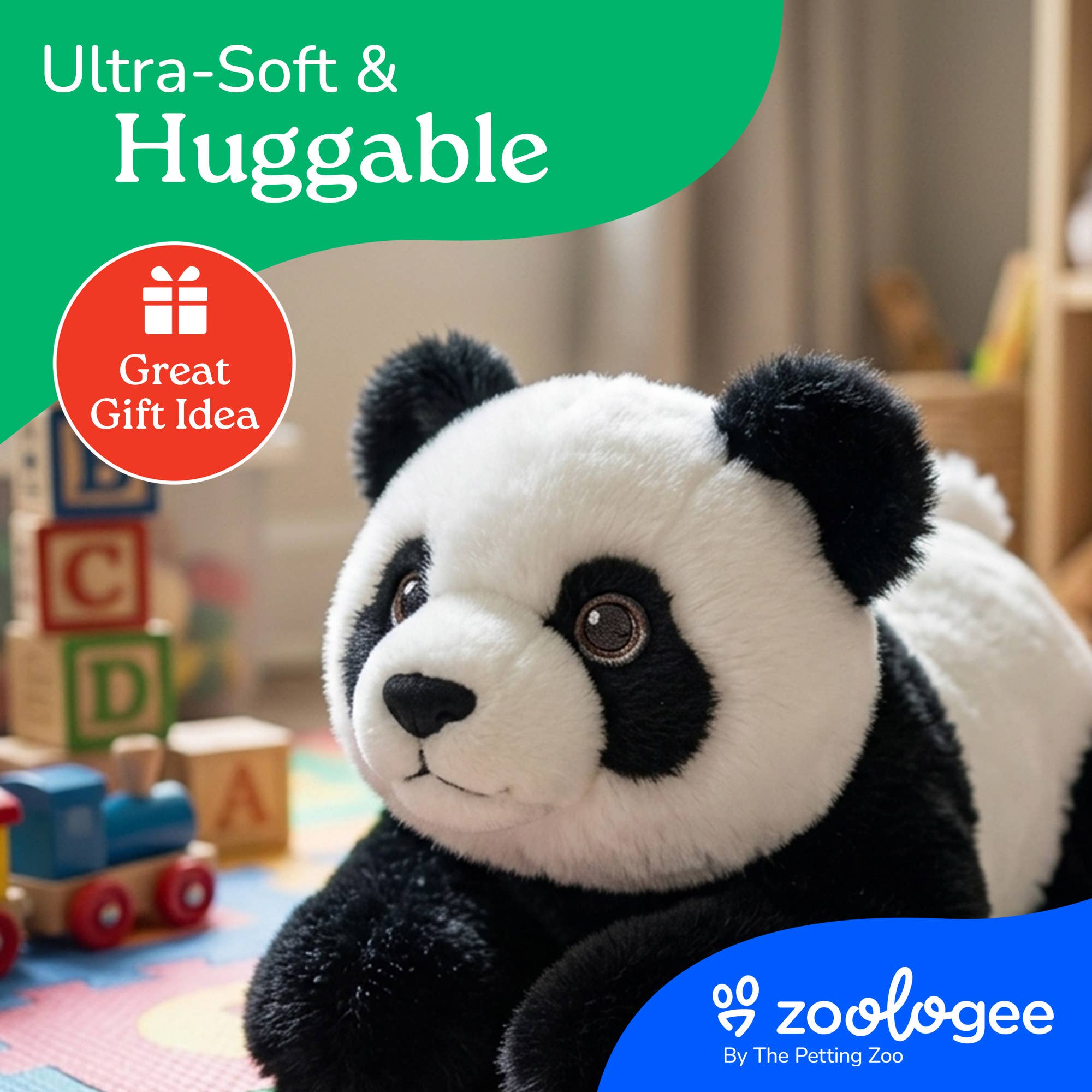 A plush panda toy in a softly blurred indoor play area, with promotional text reading 'Ultra-Soft & Huggable' and 'Great Gift Idea,' plus the visible brand 'zoologee By The Petting Zoo.'.