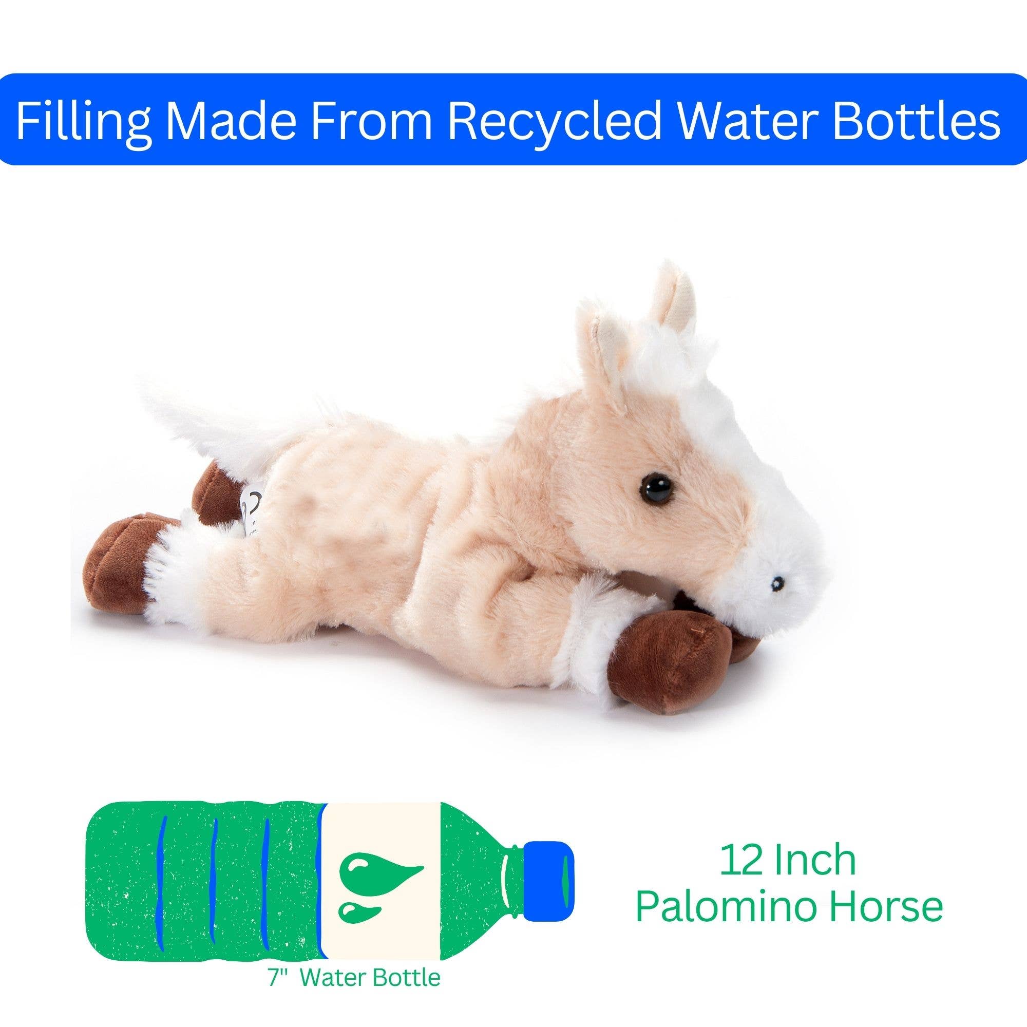 Plush horse toy with a water bottle graphic and text about recycled water bottles.