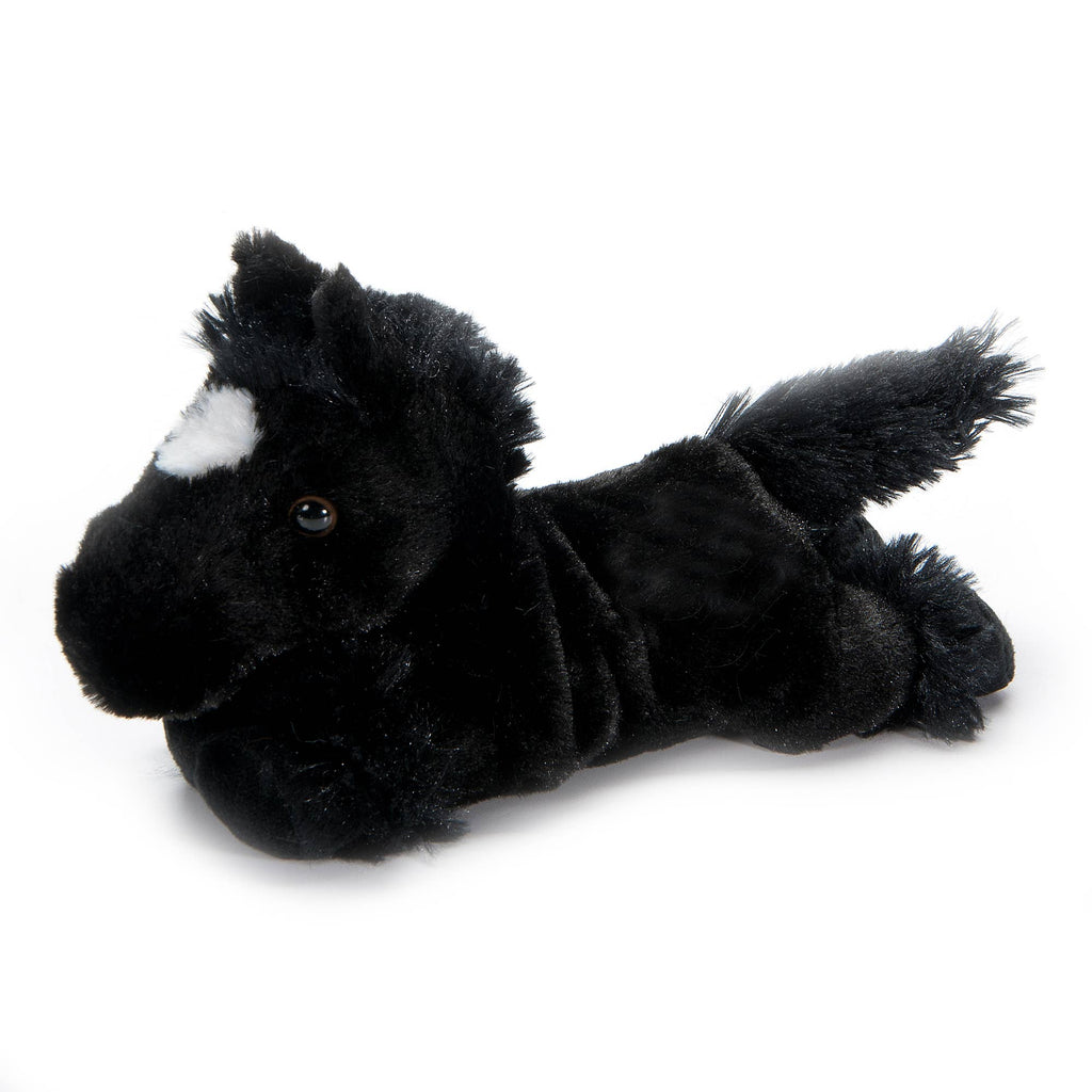 Black plush horse toy on a white background