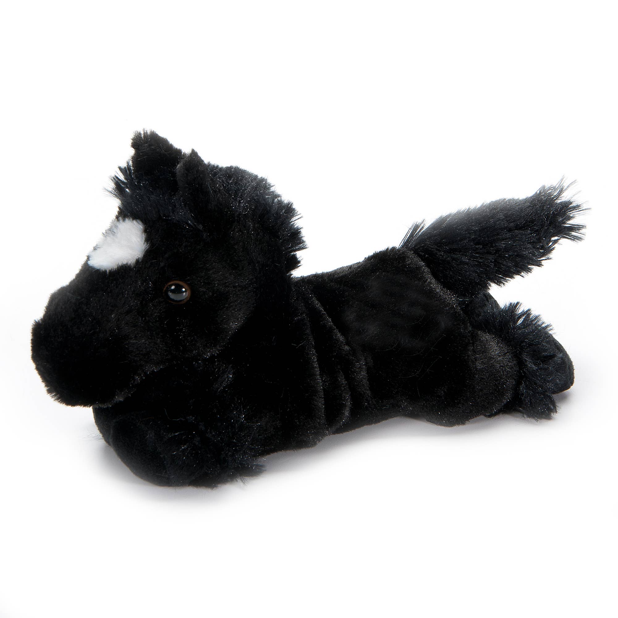 Black plush horse toy on a white background