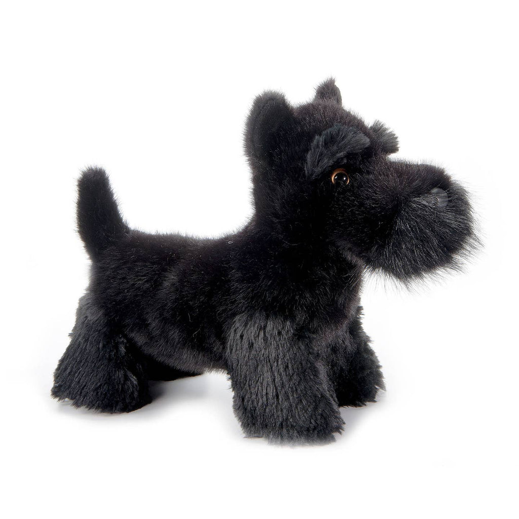 Plush toy of a black Scottish Terrier on a white background