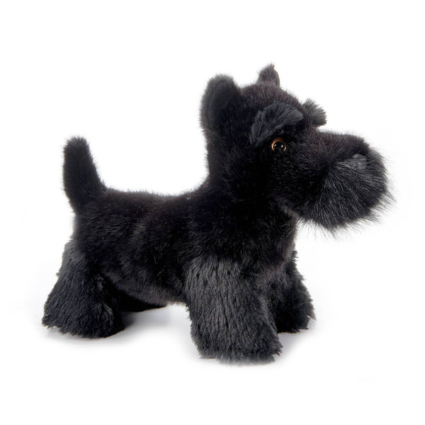 Plush toy of a black Scottish Terrier on a white background