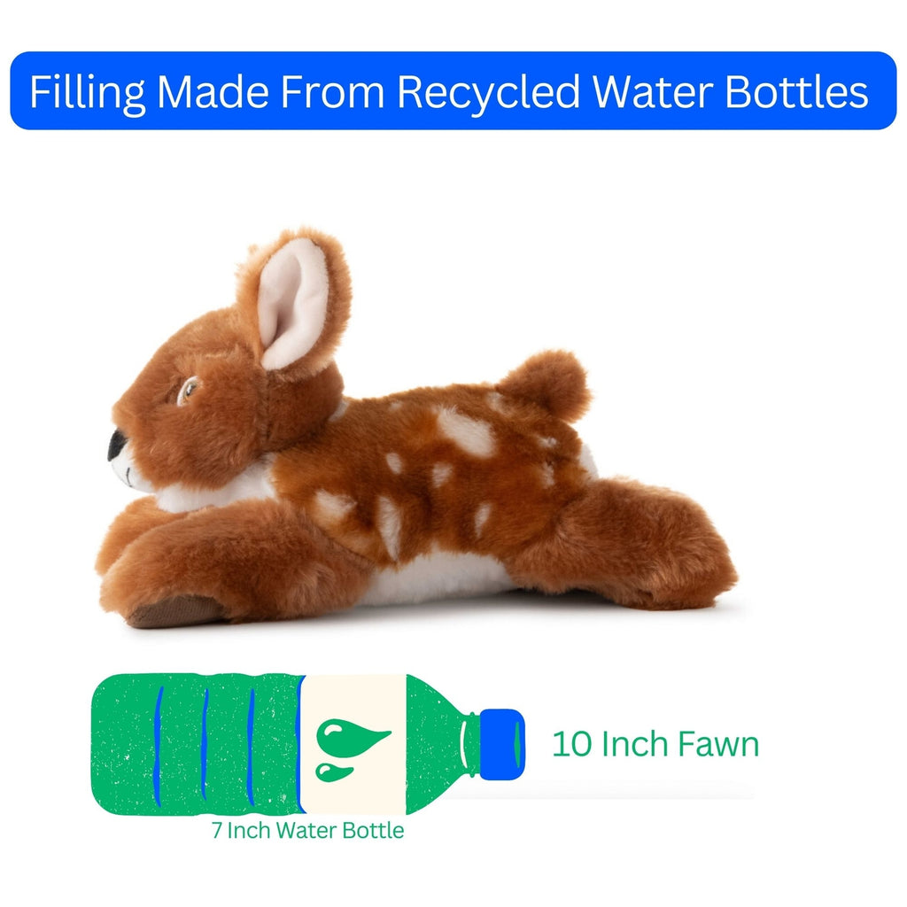 Plush deer toy with text indicating recycled water bottle filling on a white background