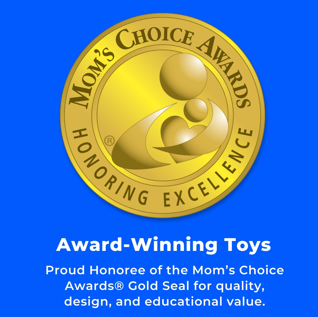 Gold 'Mom's Choice Awards' seal on a blue background with text about award-winning toys.