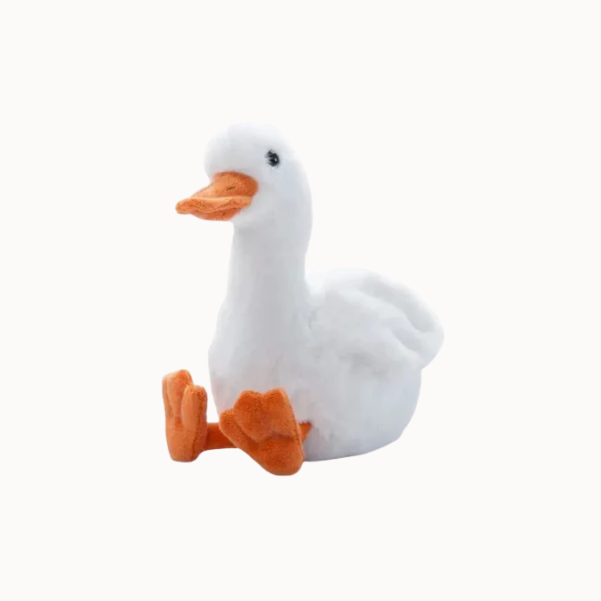 A white plush goose toy with orange beak and feet, sitting against a plain white background.