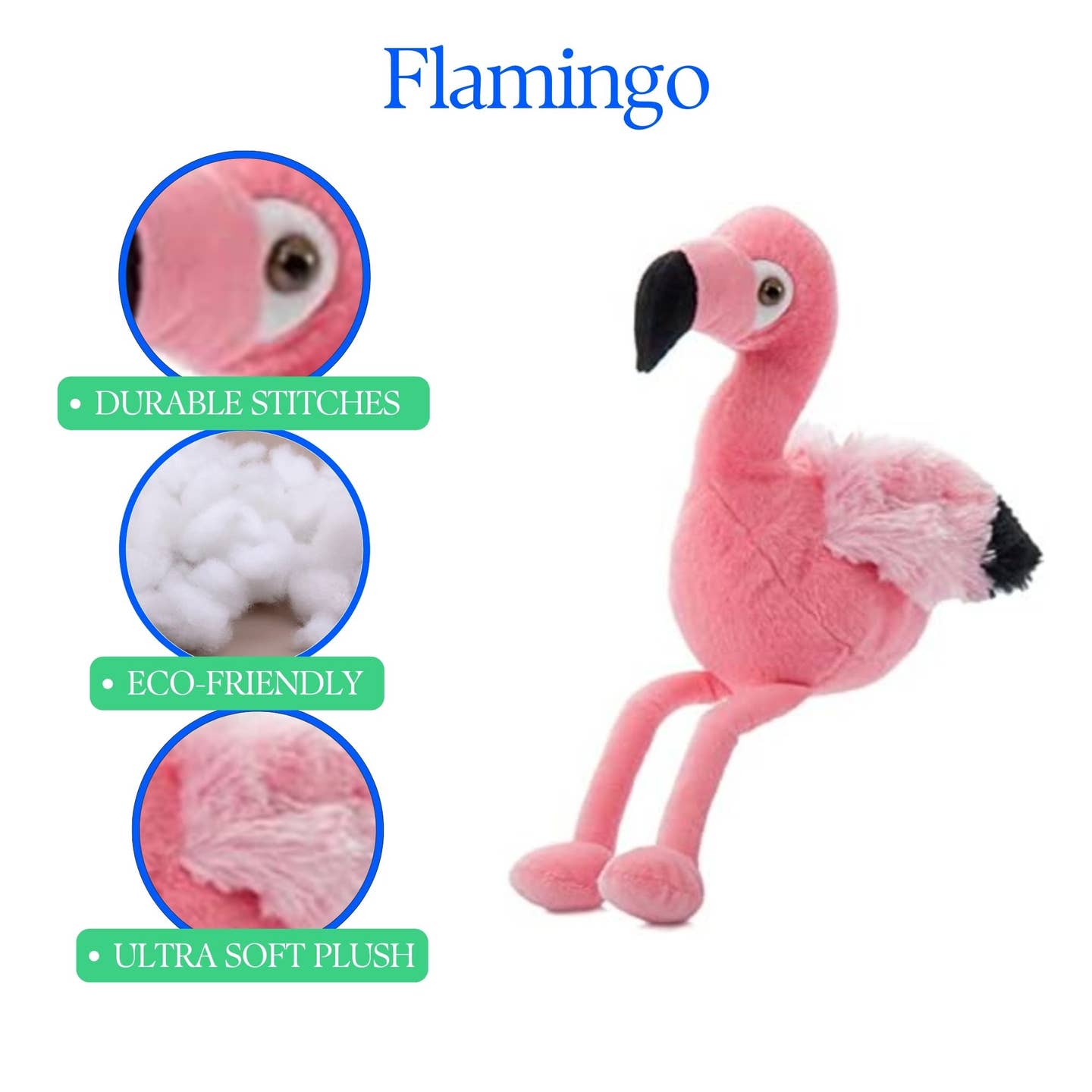 Pink flamingo plush toy with durability, eco-friendliness, and softness features on a white background.
