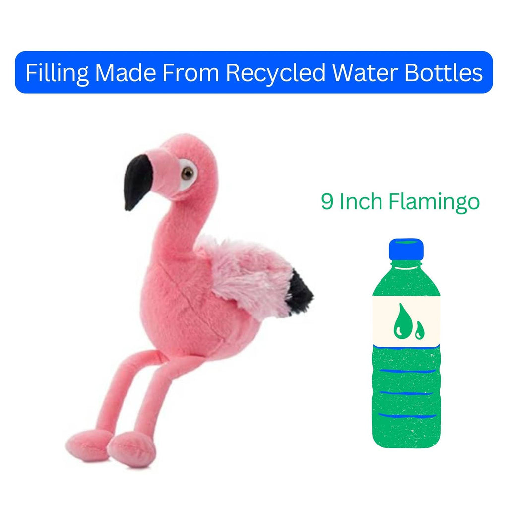 Pink flamingo plush toy with a green and blue water bottle on a white background, indicating recycled water bottle filling.