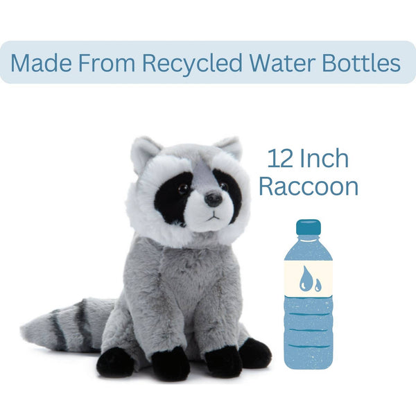 Plush raccoon toy with a recycled water bottle on a white background