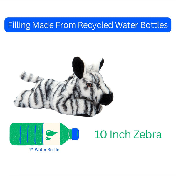 Plush zebra toy with text indicating recycled water bottle filling on a white background