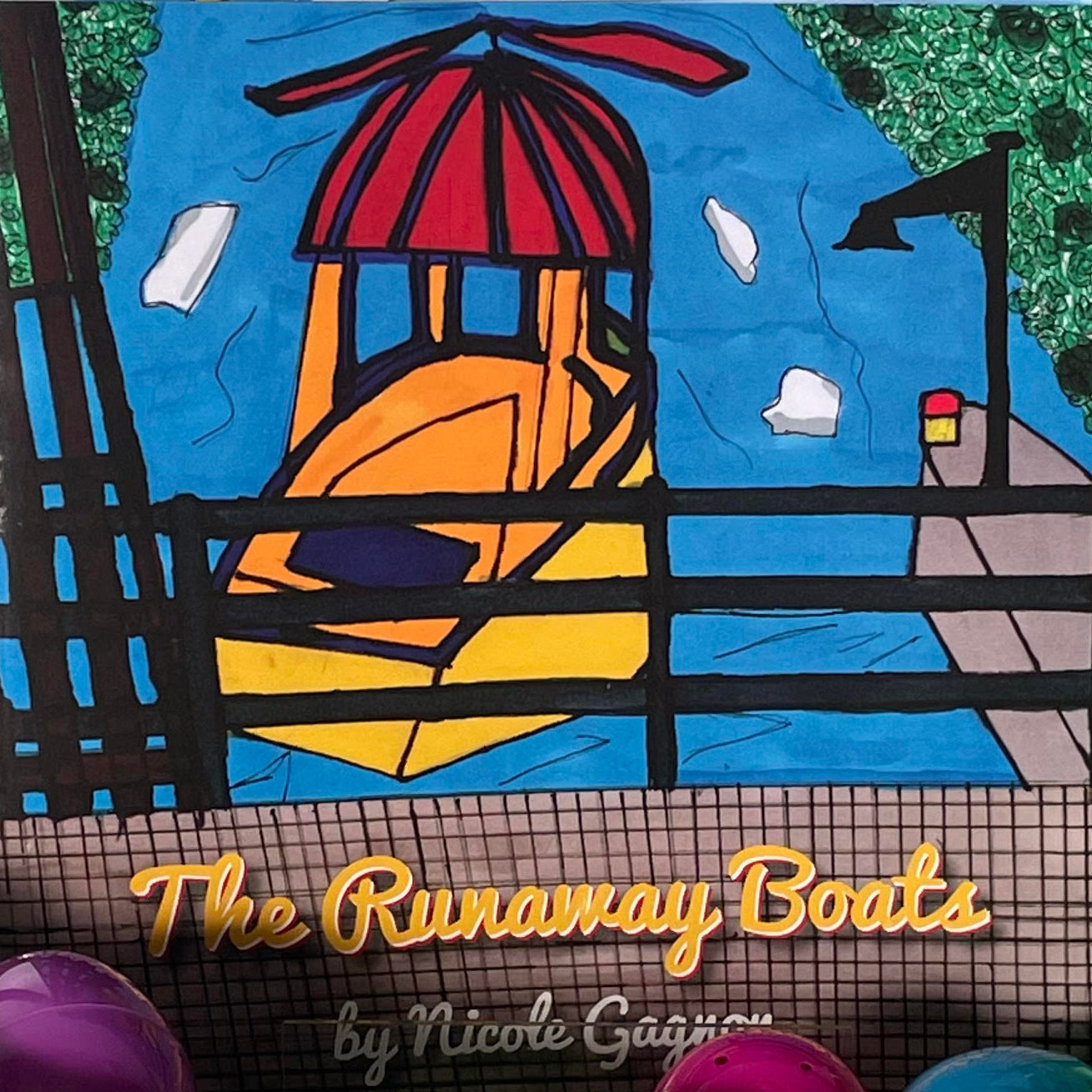 Green basket with children's book 'The Runaway Boat' and Easter eggs on a wooden surface.