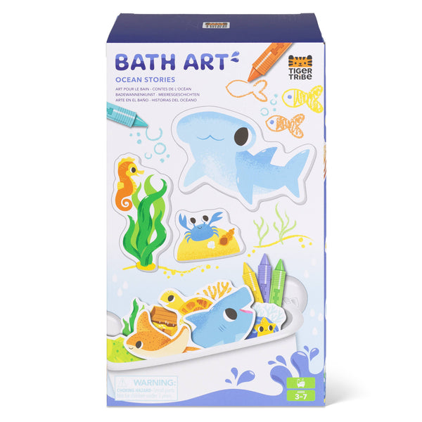 Bath art packaging with ocean-themed stickers and Tiger Tribe branding