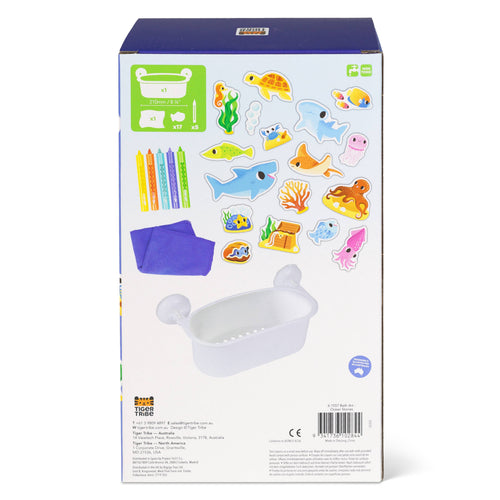 Box of bath toys with colorful illustrations on a white background
