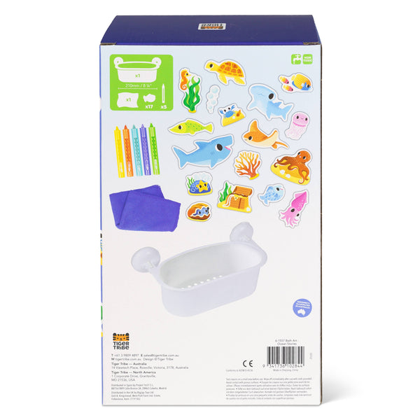 Box of bath toys with colorful illustrations on a white background
