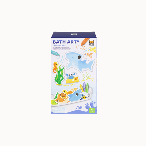 Bath Art Ocean Stories toy set in its retail packaging, featuring colorful cartoon illustrations of sea creatures and underwater elements on a white box with a dark blue top.