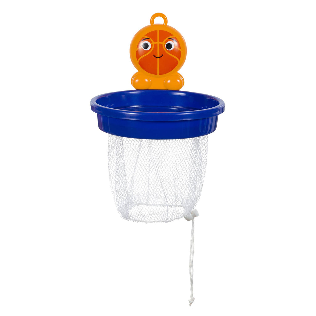 Blue plastic hoop with a smiling orange ball on a white background