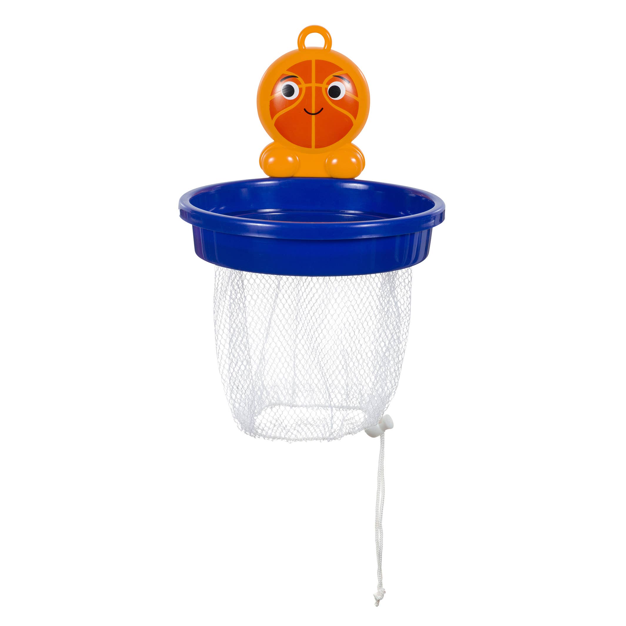 Blue plastic hoop with a smiling orange ball on a white background