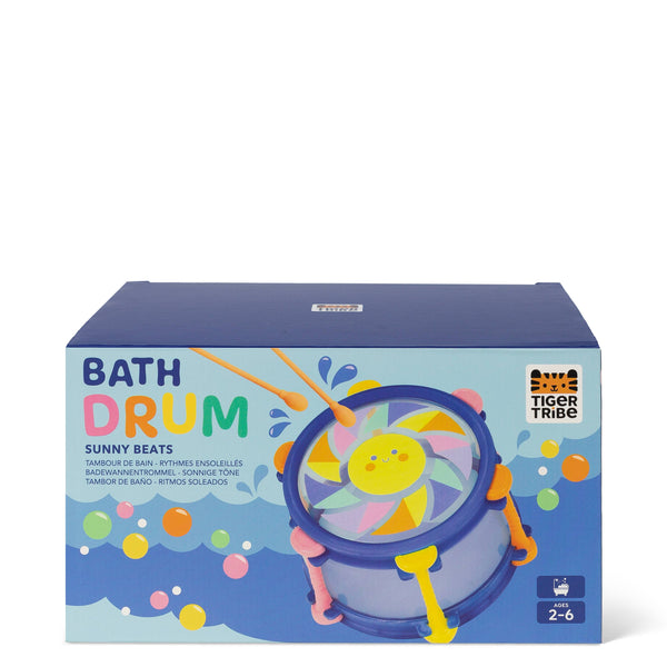 Box of a bath drum toy with colorful design and Tiger Tribe branding.