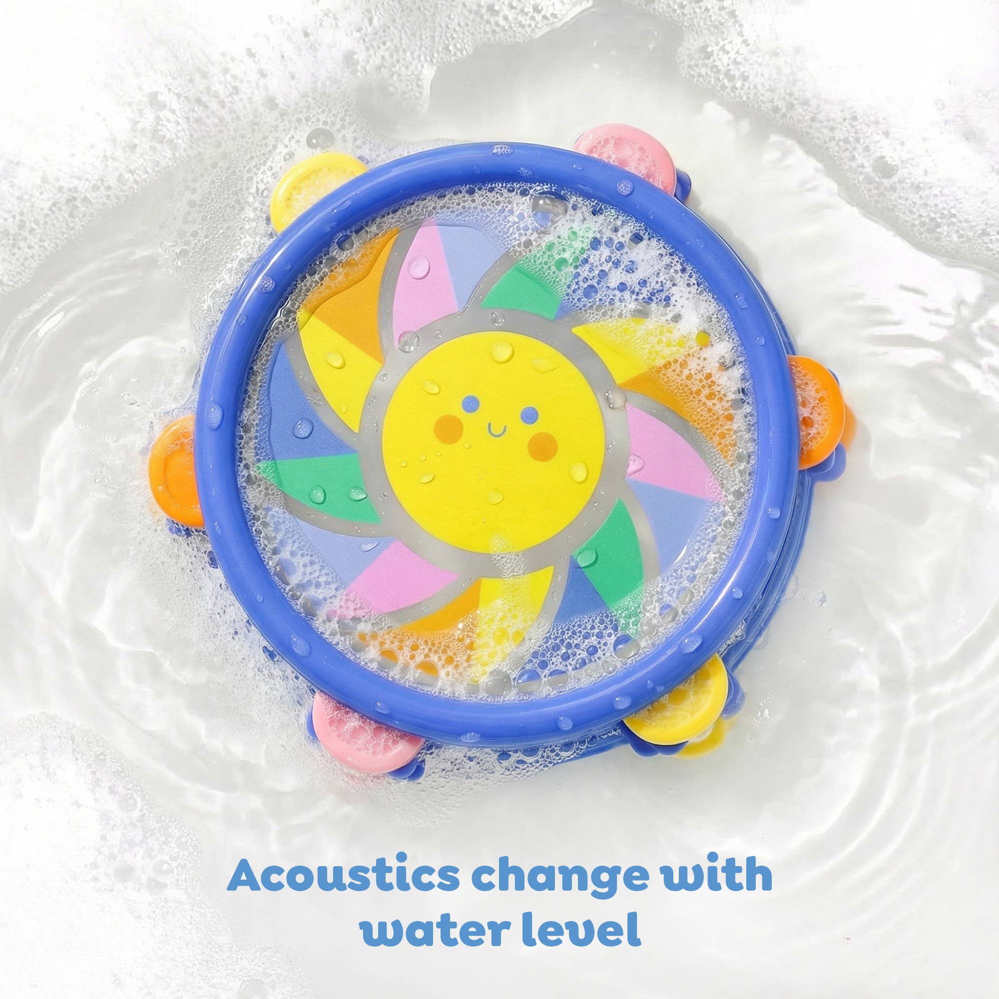 Colorful toy with a sun design in water, showing how acoustics change with water level.