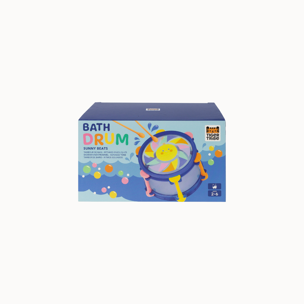 A boxed toy product labeled 'BATH DRUM' with colorful printed artwork of a drum and drumsticks on a light gray background.