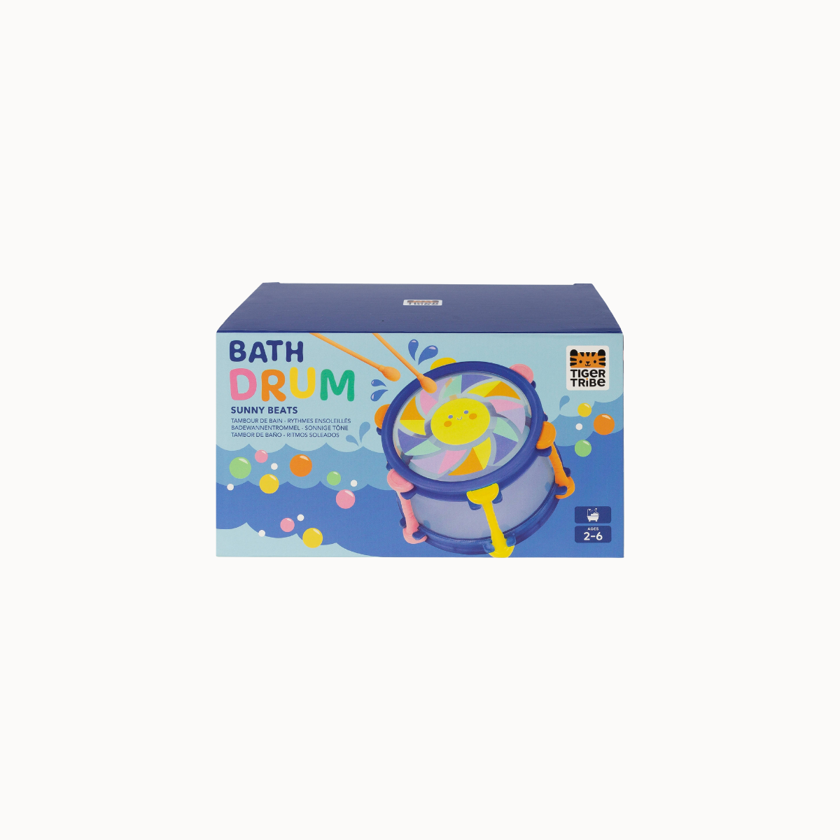 A boxed toy product labeled 'BATH DRUM' with colorful printed artwork of a drum and drumsticks on a light gray background.