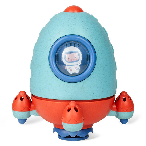 Toy spaceship with a character inside on a white background