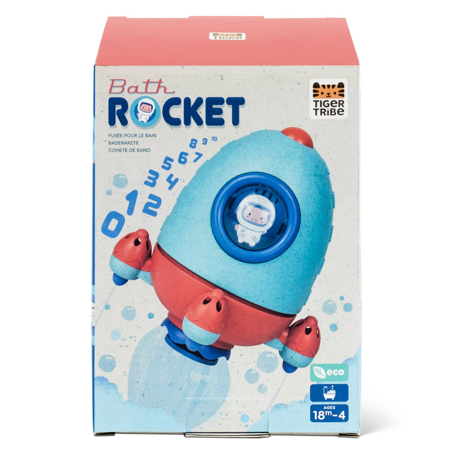 Box of a bath toy rocket with blue and red design, featuring Tiger Tribe branding.