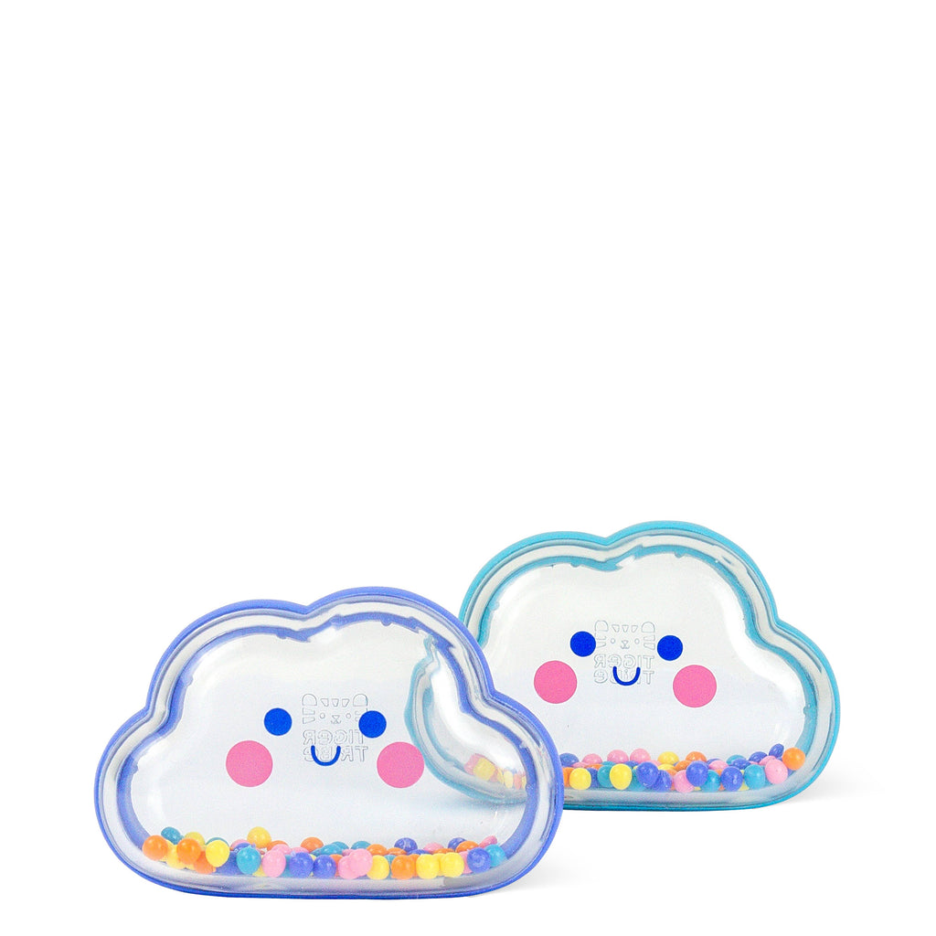 Two cloud-shaped containers with smiley faces filled with colorful beads on a white background