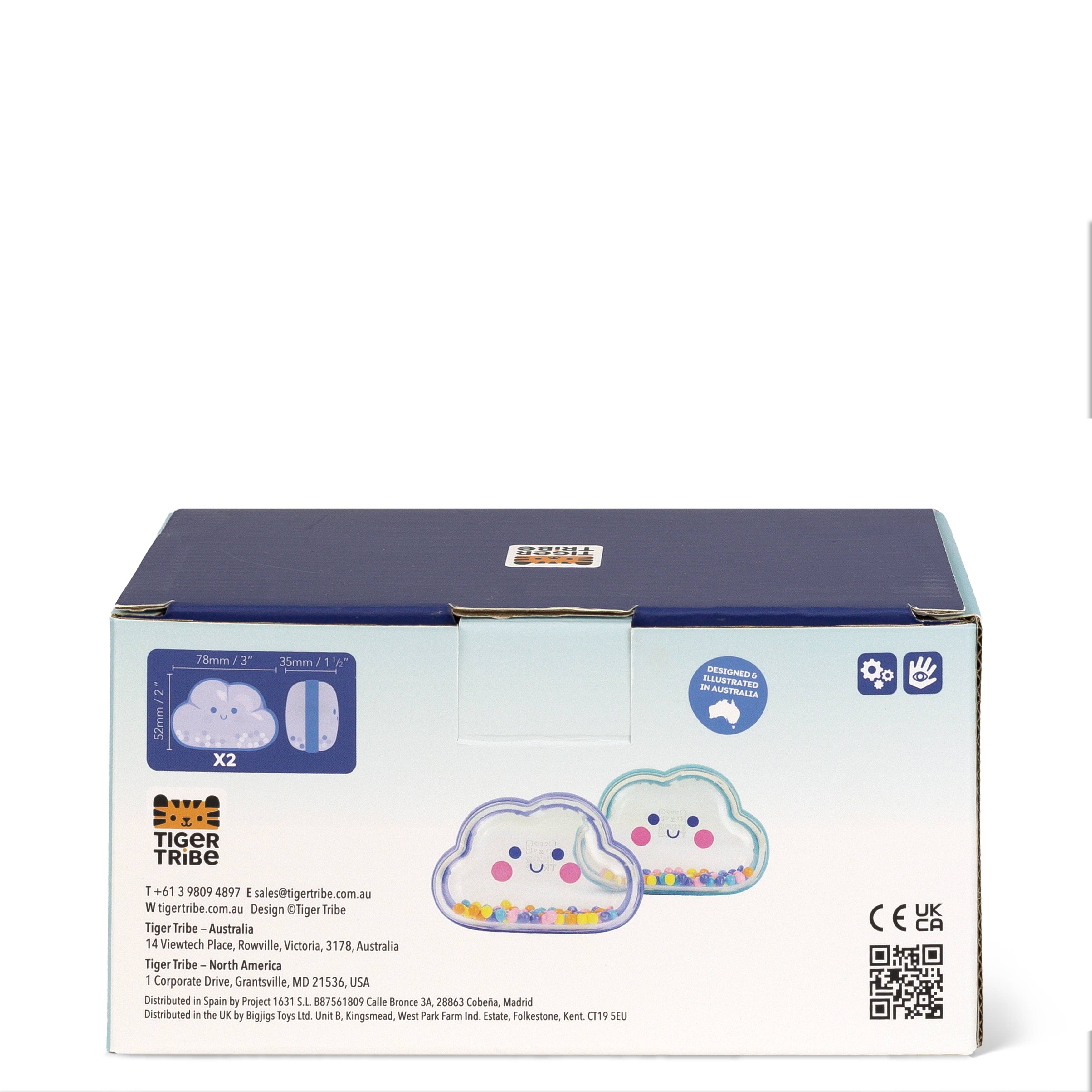 Box packaging of Tiger Tribe cloud-shaped toys with branding and product details.