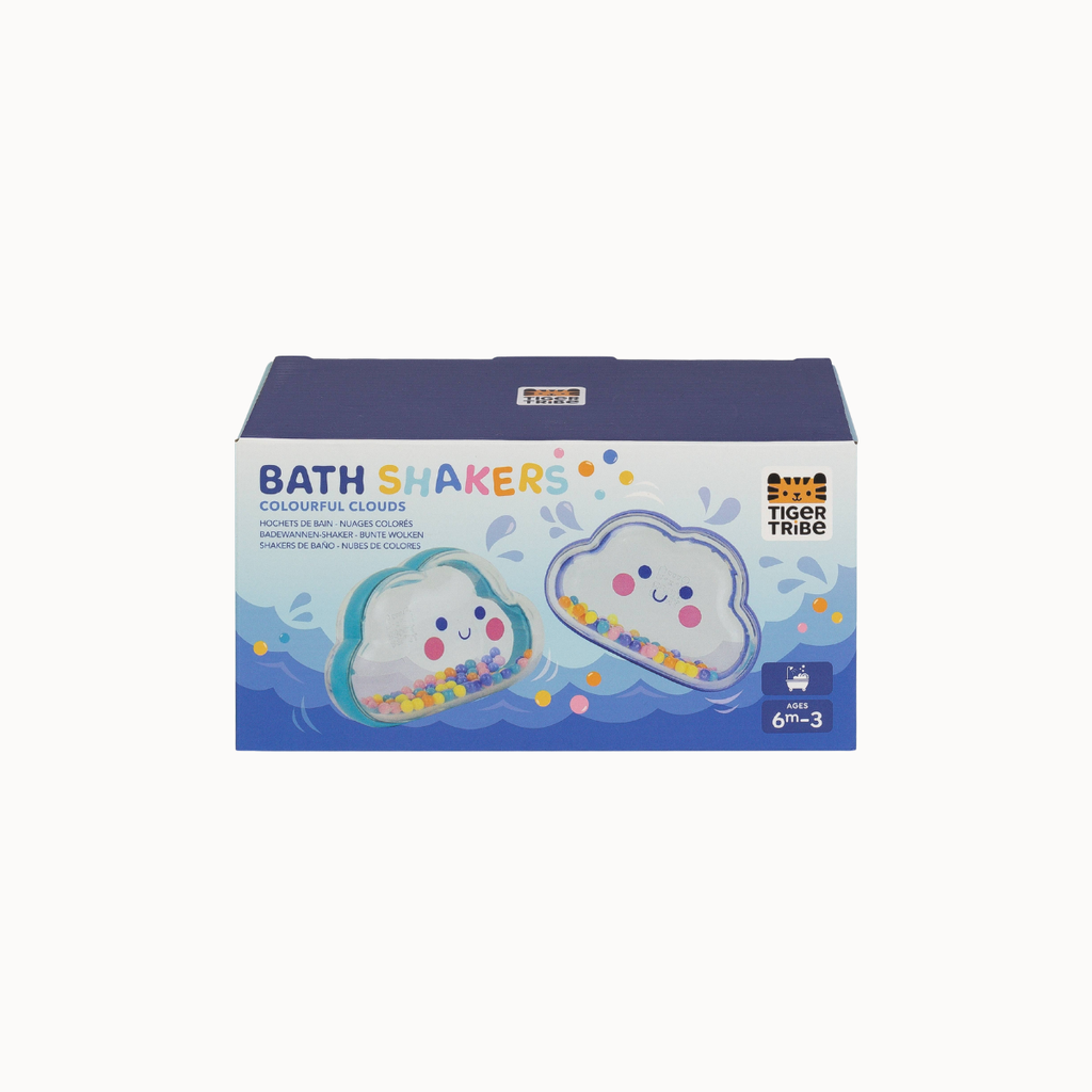Tiger Tribe Bath Shakers Colorful Clouds packaging box, featuring illustrations of two smiling cloud-shaped bath shakers with colorful glitter inside, set against a plain light gray background.