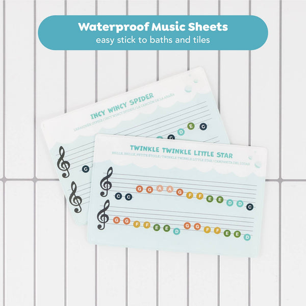 Waterproof music sheets on a tiled bathroom wall with text indicating they are easy to stick to baths and tiles.
