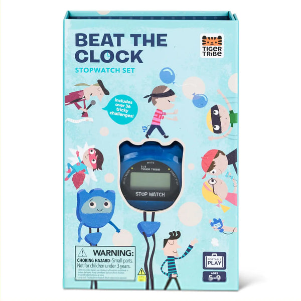 Box of 'Beat the Clock' stopwatch set by Tiger Tribe with colorful illustrations on a light blue background.