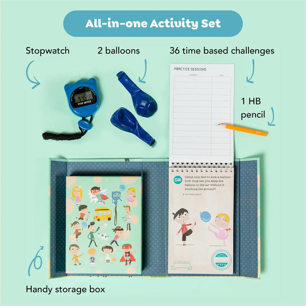 All-in-one activity set with stopwatch, balloons, notebook, pencil, and storage box on a light blue background.