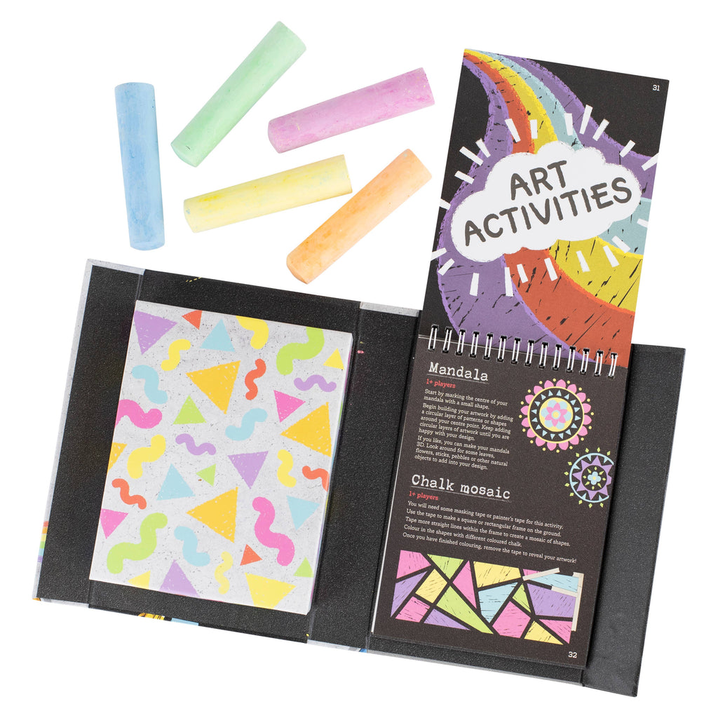 Art activities kit with colorful chalks and activity booklets on a white background