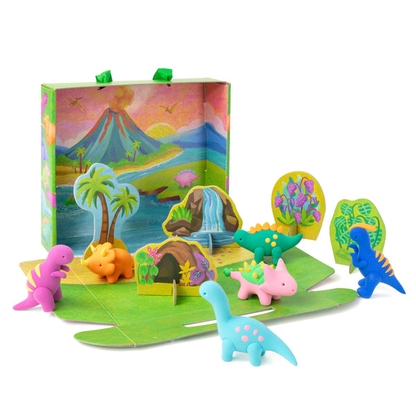 Colorful dinosaur toy set with a pop-up landscape scene