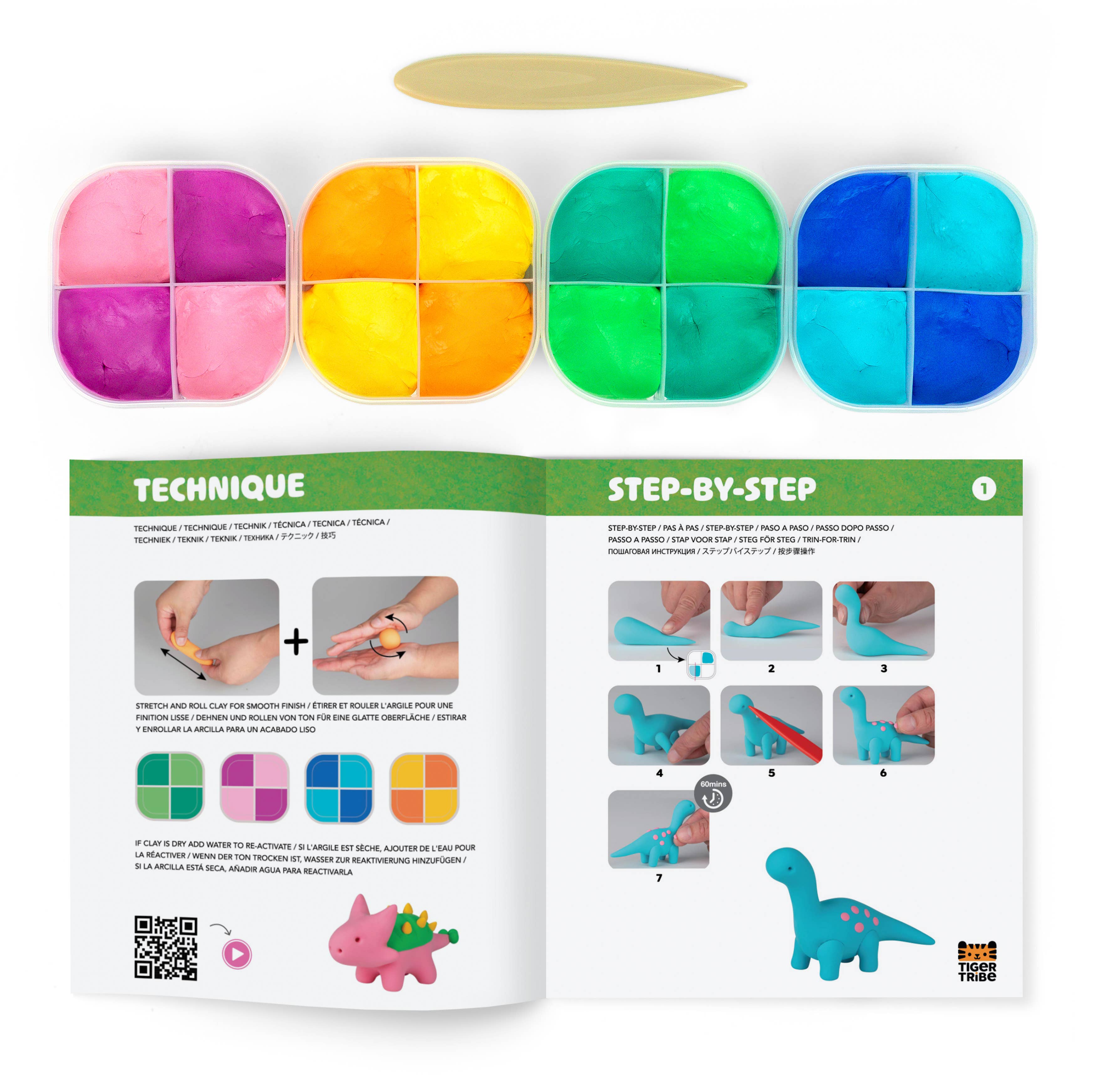 Colorful clay modeling kit with step-by-step instructions and a QR code on a white background