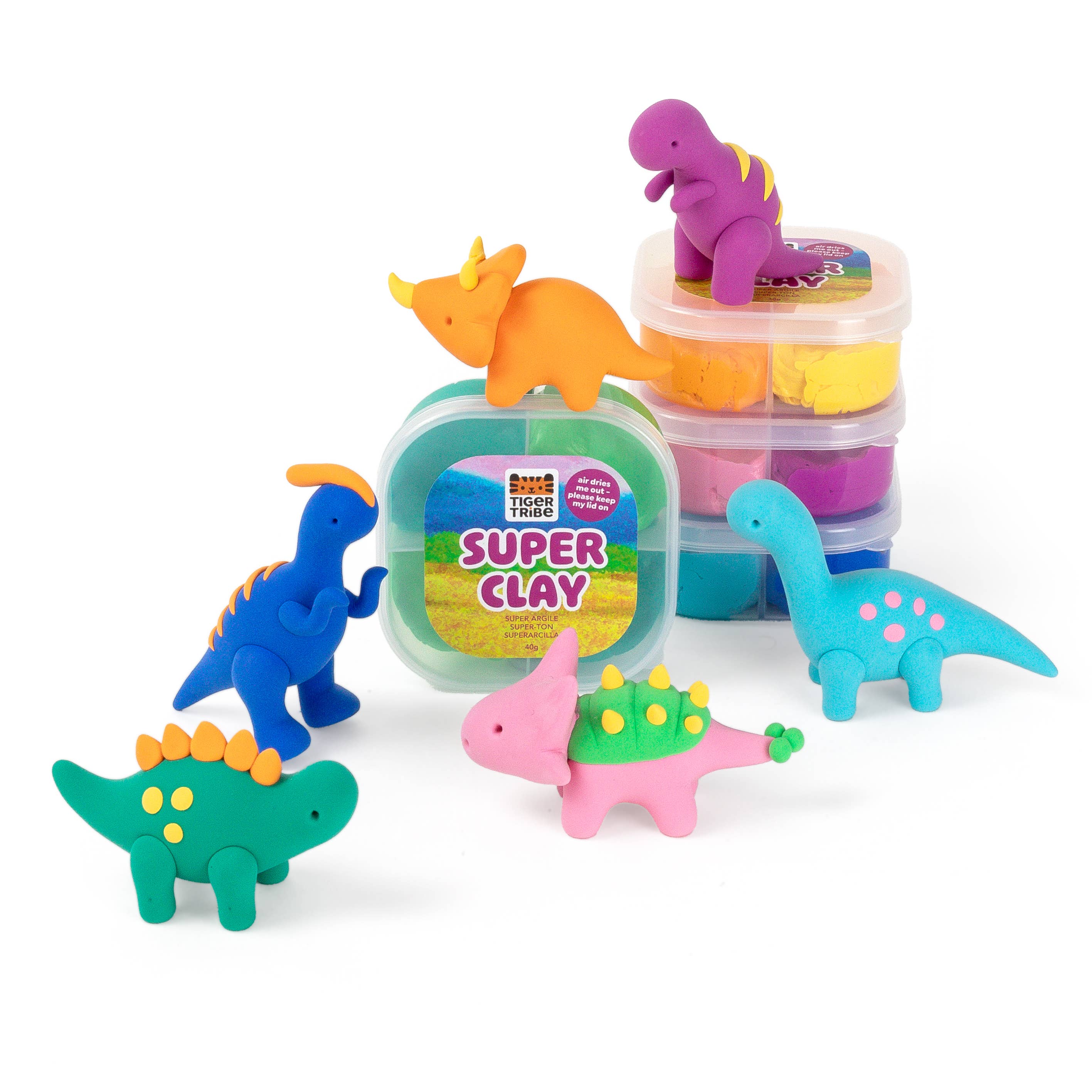 Colorful dinosaur-shaped clay models with Super Clay containers on a white background