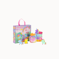 Claytoopia Super Clay toy set with a colorful storage box, a pink carrying handle, and several small clay figures and stacked clay pots on a plain light background.